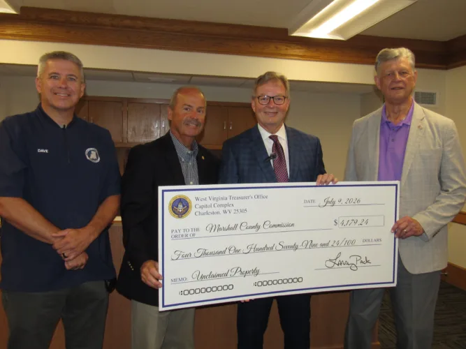 West Virginia Treasurer Presents $4K Check to Marshall County Commission